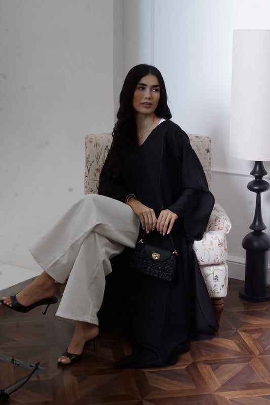 Black Textured Open-Front Abaya
