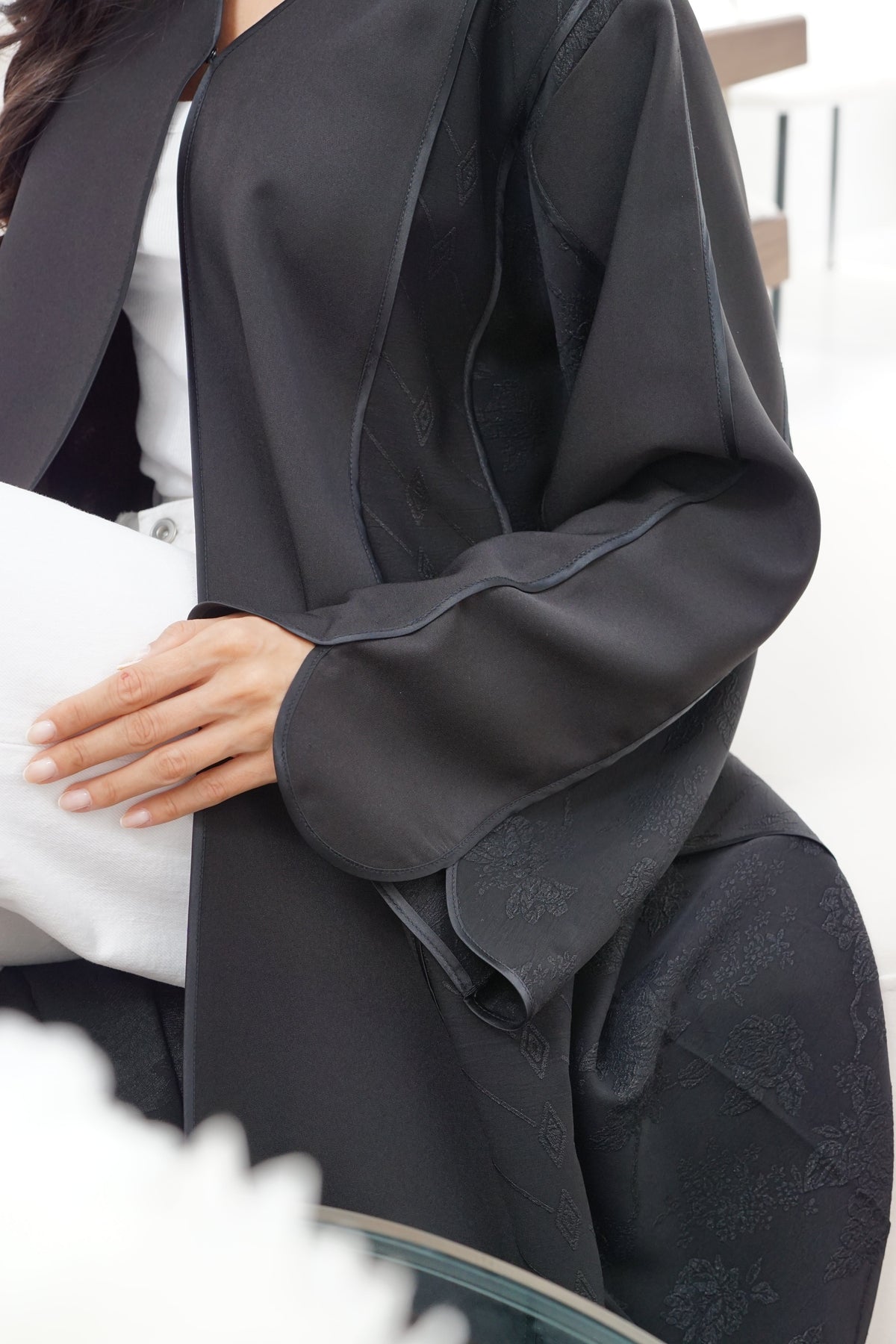 Black Textured Open-Front Abaya