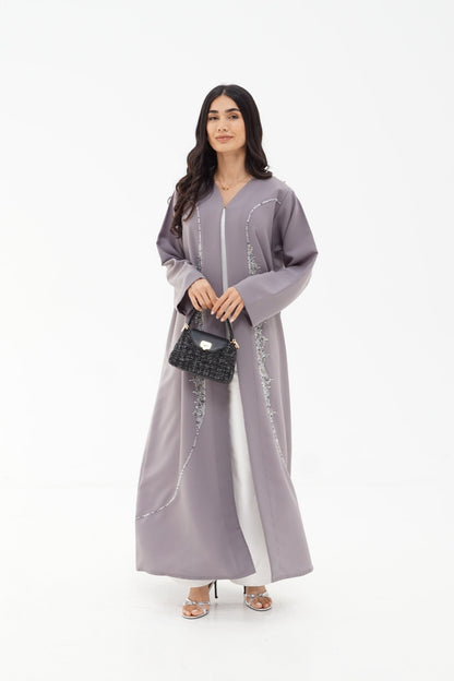 Grey Crystal-Trim Open-Front Abaya
