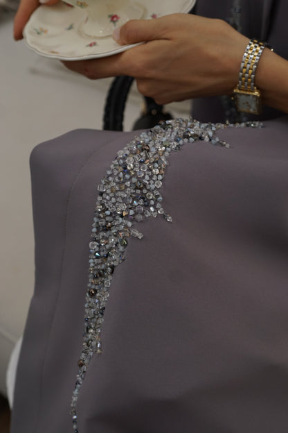 Grey Crystal-Trim Open-Front Abaya
