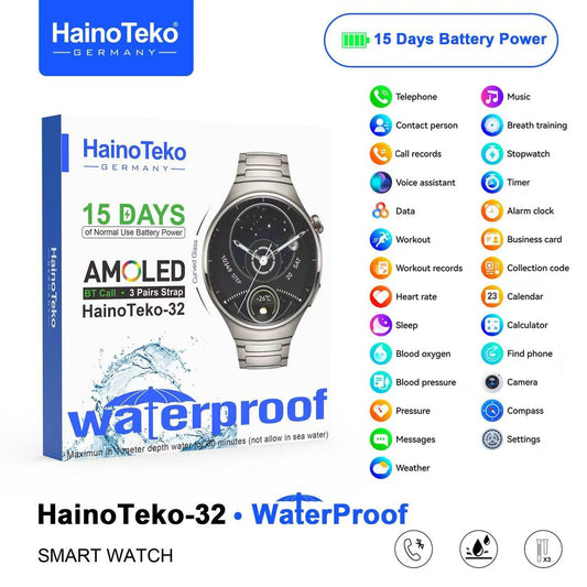 Haino Teko-32 Waterproof Smartwatch – Curved AMOLED Display, Bluetooth Calling & 3 Pair Straps