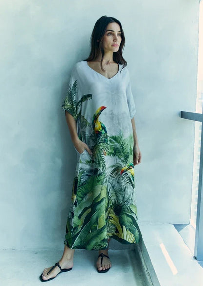 Wild Wings Bird In The Jungle Long Kaftan Dress With Side Slits - Green & Multicolor