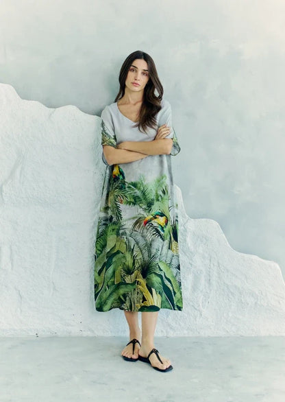 Wild Wings Bird In The Jungle Long Kaftan Dress With Side Slits - Green & Multicolor